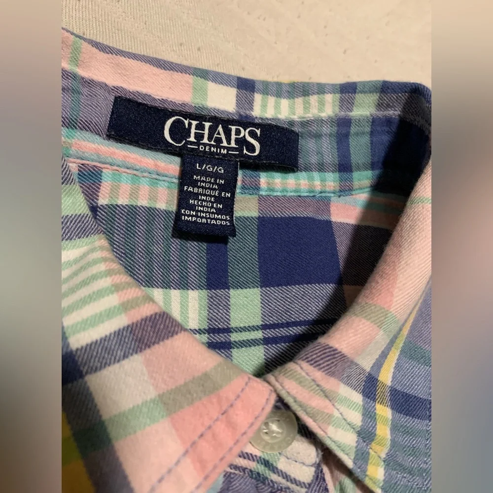 Chaps‎ Denim Pink and Blue Plaid Collared Long Sleeve Button Down Shirt Large